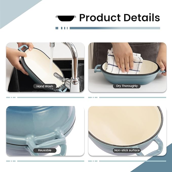 Enameled Cast Iron Dutch Oven for Sourdough Bread Baking,9 x 5-4/5 Inch Oval Cast Iron Bread Pan with Lid,Dutch Oven for Homemade Sourdough Baking,2.8QT Meatloaf Pan,Oven Safe