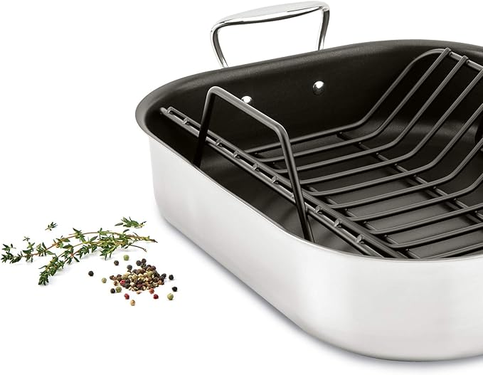 All-Clad Specialty Stainless Steel Large Roaster with Nonstick Rack 13x16 Inch Oven Broiler Safe 500F Roaster Pan, Pots and Pans, Cookware Silver