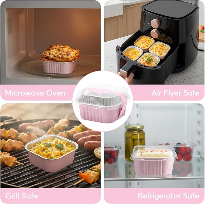 Ruckae 5oz 100 Pcs Square Mini Loaf Pans with Lids-Disposable Foil Dessert Containers,Mini Cake Pans with Lids,Aluminum Dessert Cups for Parties and Weddings (Pink, 5oz)