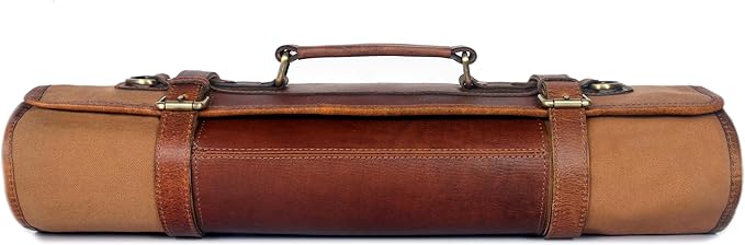 Leather Knife Roll Storage Bag, Elastic and Expandable 10 Pockets, Adjustable/Detachable Shoulder Strap, Travel-Friendly Chef Knife Case (Peanut, Canvas)