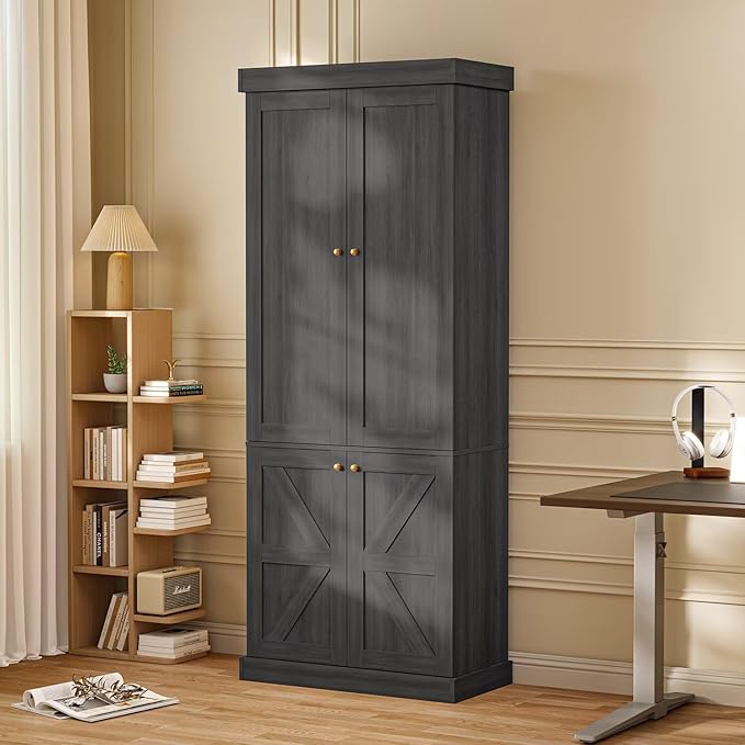 70.8" Tall Bookshelf with Doors, Farmhouse Modular Bookcase with 4-Tier Adjustable Shelves, Large Storage Cabinet for Home Office, Living Room, Black
