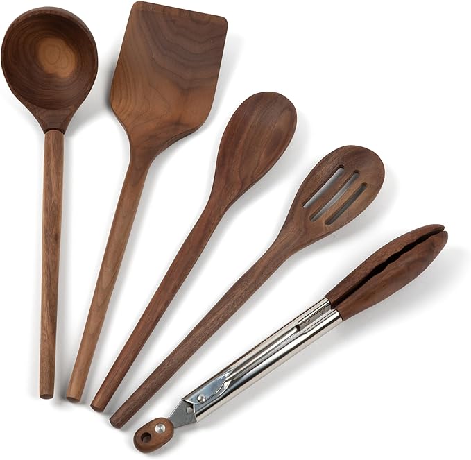 Salt & York 5-piece Walnut Wooden Kitchen Utensil Set - Includes Turner, Tongs, Slotted Spoon, Ladle, and 12" Spoon - Best Wooden Spoons for Cooking - Ideal for Nonstick Cookware