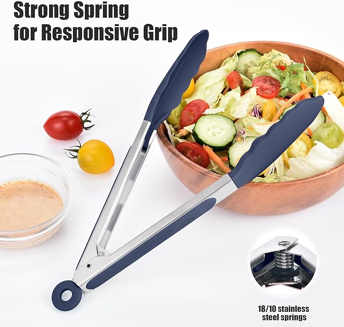 Doosu Kitchen Tongs for Cooking - 600°F Heat Resistant Food Tong Set with Non-Scratch Silicone Tips, Heavy Duty Stainless Steel Locking Tong for BBQ, Grilling Steak, Serving Salad (9+12in, Navy Blue)