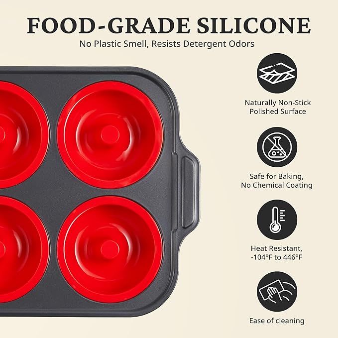 BRONYPRO Silicone Donut Pan for Baking with Metal Frame, 3.35 Inch Large doughnut pan,donut molds for baking Nonstick Non Toxic Bakeware for Oven, Red