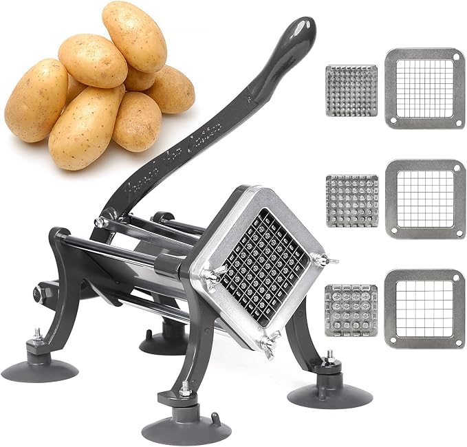 French Fry Cutter Commercial Potato Slicer with Suction Feet Complete Set, Includes 1/4", 3/8",1/2", Gray