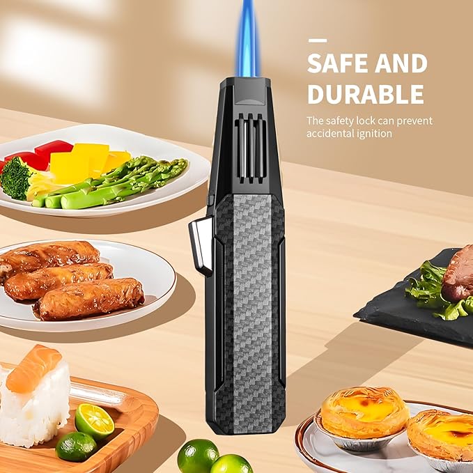 Butane Torch Lighter,Windproof Refillable Kitchen Cooking Torch,Adjustable Flame Solar Beam Blow Torch with Safety Lock for Candle Camping BBQ (Not Included Butane Gas) (Black)