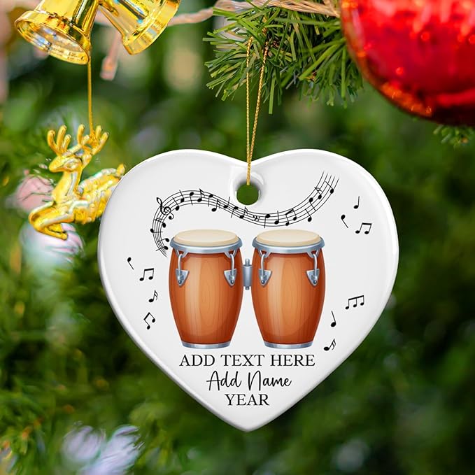 Bongo Drums Ceramic Ornament Gift for Music Band, Personalized Drummer Xmas Tree Ornaments with Text Name Year, Custom Bongo Drums Player Christmas Ornament 2025, Instruments Xmas Keepsakes