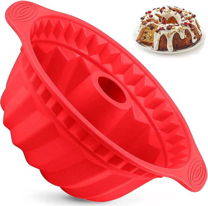 Kenond 9.5 Inch Silicone Cake Pans, Non-stick Fluted Cake Pan with Sturdy Handle, Cake Baking Molds, Perfect Bakeware for Cake, Jello, Gelatin, Bread, Para Gelatinas (Red)