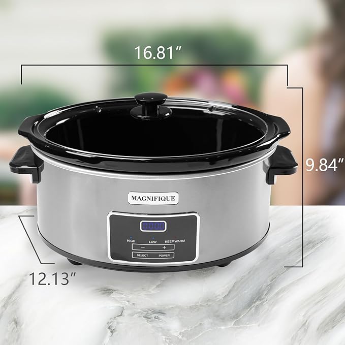 Magnifique 8-Quart Digital Programmable Slow Cooker with Timer - Small Kitchen Appliance for Family Dinners - Serves 10+ People - Heat Settings: Keep Warm,