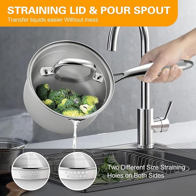 Tri-Ply Stainless Steel Sauce Pan with Steamer Basket & Straining Glass Lid — Heavy-Duty, Thick Base,Rust-Resistant,Warp-Free —100% Food-Grade —Built to Last– Works with All Stovetops, Pasta Pot 2 QT