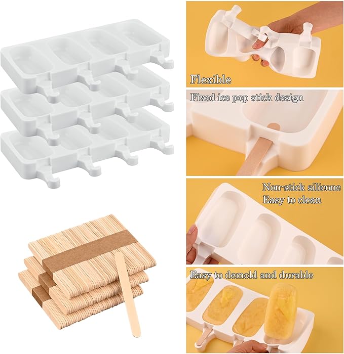 Sakolla Large Silicone Popsicle Molds Set of 3, Oval 4 Cavities Homemade Ice Pop Molds with 150 Wooden Sticks for Ice Cream, Cakesicles, Cake Pop (White)