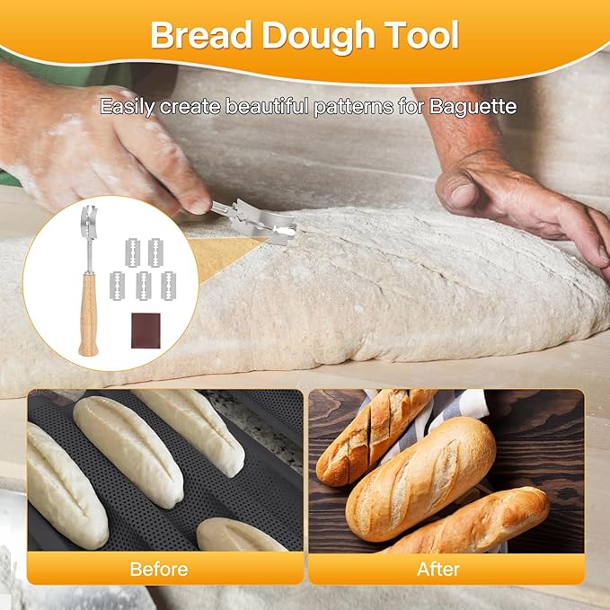 French Baguette Bread Pan, 3 Loaf Bread Pan Nonstick, Perforated Baguette Tray, Oven Safe, Health Homemade Bread Baking Supplies with Couche, 15x11 Inch, Round Corner and Heat Evenly, Black