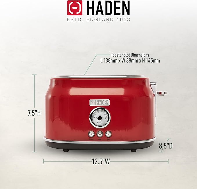 Haden Dorset 2 Slice Wide Slot Stainless Steel Toaster with Adjustable Browning Control & Non-Slip Feet, Rectory Red