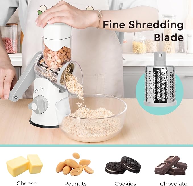 X Home Rotary Cheese Grater for Kitchen, Shredder with 3 Interchangeable Blades, Rotary Grater with Handle and Strong Suction Base, for Vegetables, Fruit, Nuts, Easy to Use and Clean, White