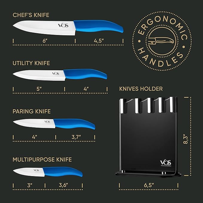 Vos Ceramic Knife Set with Block, Ceramic Knives Set For Kitchen, Ultra Sharp Kitchen Knife Set with Covers, 3" 4" 5" 6" Chef Knife, Utility, Paring & Versatile, Lightweight, Dishwasher safe (Blue)