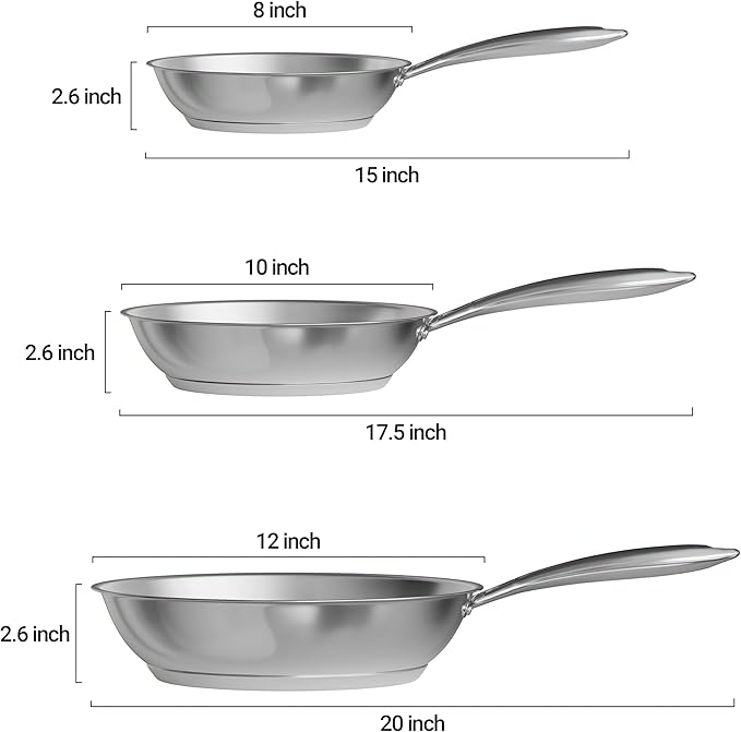 Verel Stainless Steel Frying Pan Set 3 Piece - 8 Inch, 10 Inch and 12 Inch Fry Skillet Stainless Steel Pan, Dishwasher and Oven Safe Cookware
