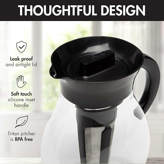 Primula The Big Iced Tea Maker and Infuser, Plastic Beverage Pitcher with Leak Proof, Airtight Lid, Fine Mesh Reusable Filter, Made without BPA, Dishwasher Safe, Black