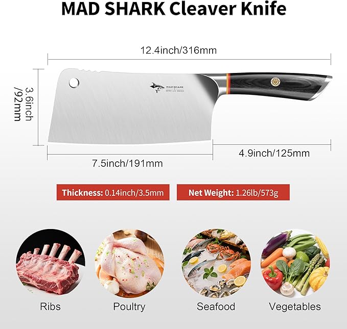 MAD SHARK Meat Cleaver, Professional 7.5 Inch Bone Chopping Butcher Knife with Heavy Duty Blade, German Military Grade Composite Steel, Chinese Chef's Bone Cutting Knife for Home Kitchen & Restaurant