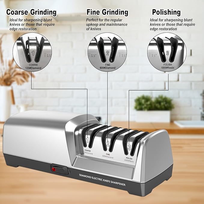 Electric Knife Sharpener 3 Stage, With 100% Diamond Abrasives and 15° Precision Angle Guides, Knife Sharpener Electric for all Kitchen Knives, Super Quiet Sharpenning and Polishing, Silver