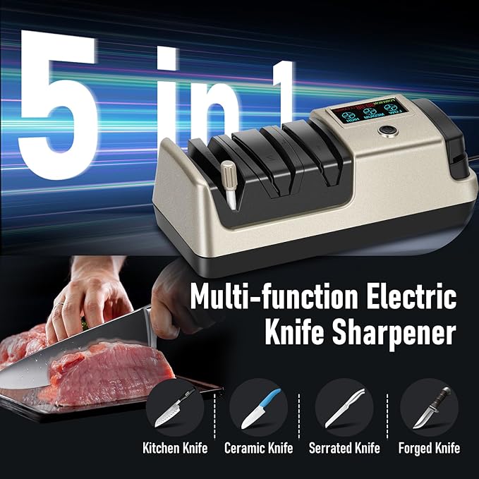 Upgrade 5 in 1 Electric Knife Sharpener with LCD Screen, 3 Rotational Speed Adjustable, 100% Diamond knife sharpener for Straight, Serrated, Meat Cleaver, Ceramic Knives & Scissors, Light Blonde