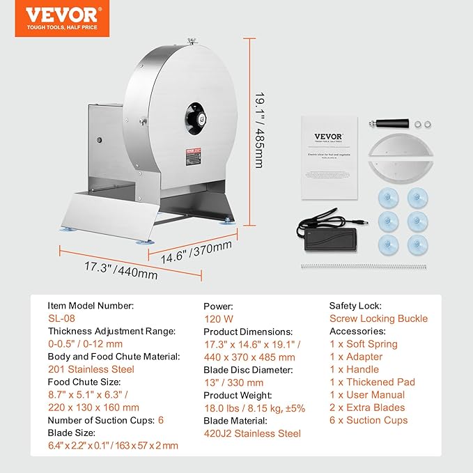 VEVOR Electric Vegetable Slicer, 0-0.5"/0-12mm Thickness Adjustable Commercial Slicer Machine, Convertible to Manual, Stainless Steel Food Cutter Slicing Machine, Large Feed Port for Potato, Tomato