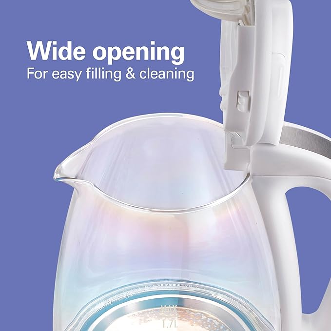 Hamilton Beach 1.7L Electric Tea Kettle, Water Boiler & Heater, LED Indicator, Built-In Mesh Filter, Auto-Shutoff & Boil-Dry Protection, Cordless Serving, Iridescent Clear Glass (41055)