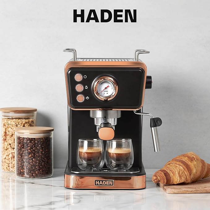 HADEN Barista Brew Espresso Coffee Machine, Stainless Steel Espresso Maker with Milk Frother and Steamer Function and 1.5L Water Tank, Black & Copper