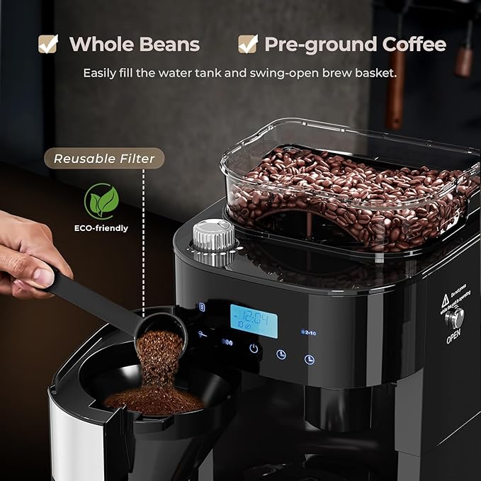 Drip Coffee Maker with Grinder Built In, 10-Cup Grind and Brew Coffee Machine, Programmable with Brew Strength, Permanent Filter, Glass Carafe, 50oz Water Reservoir, Ideal for Home/Office, Black