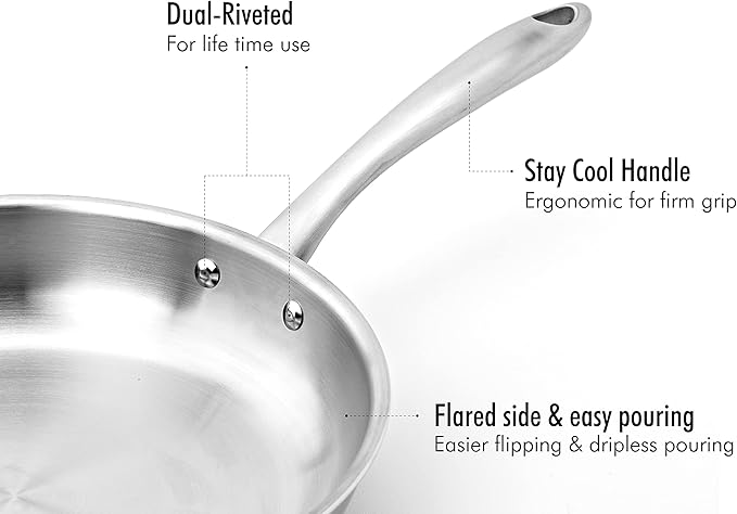 5-ply Stainless Steel Frying Pan 10inch, Full 5-Ply Clad Construction Professional Grade Pan, Brushed Finish, Induction Cooking Pan, Oven Safe, Dishwasher Safe