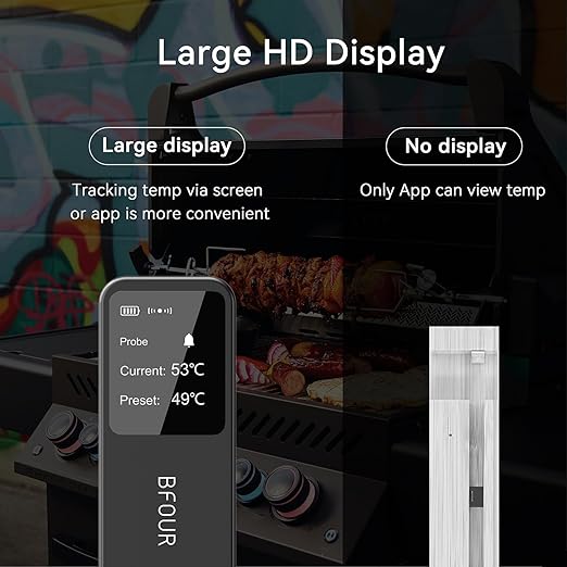 BFOUR Meat Thermometer Digital Wireless with LCD Booster, Bluetooth Food Cooking Thermometer with Smart App, 524FT Remote Range, 100% Waterproof & 752°F Heat Resistant Probe for BBQ Oven Grill Smoker
