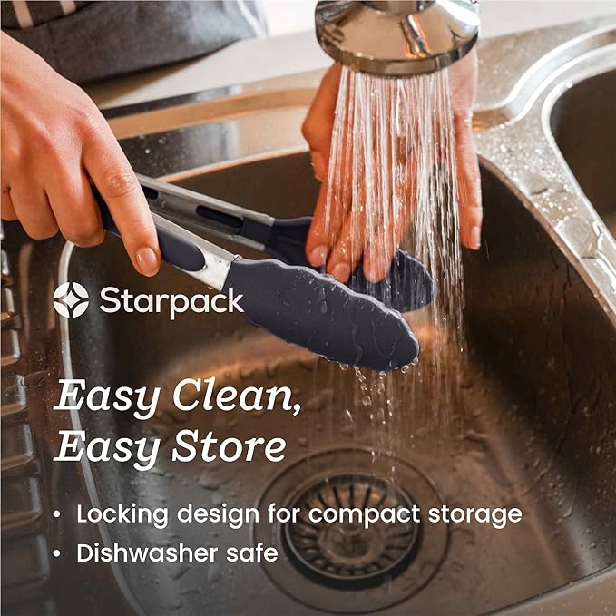 StarPack Premium Silicone Kitchen Tongs Set of 2 (9-Inch & 12-Inch) - Stainless Steel with Non-Stick Silicone Tips, High Heat Resistant to 480°F, For Cooking, Serving, Grill, BBQ & Salad (Gray Black)