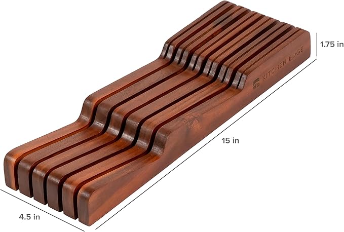 KitchenEdge Acacia Wood Kitchen Knife Block Holder Organizer - Holds 5 Long + 6 Short Knives (Not Included), Fits Most Knife Sizes, Rubber Feet, Premium Food-Safe Finish, In-Drawer Design