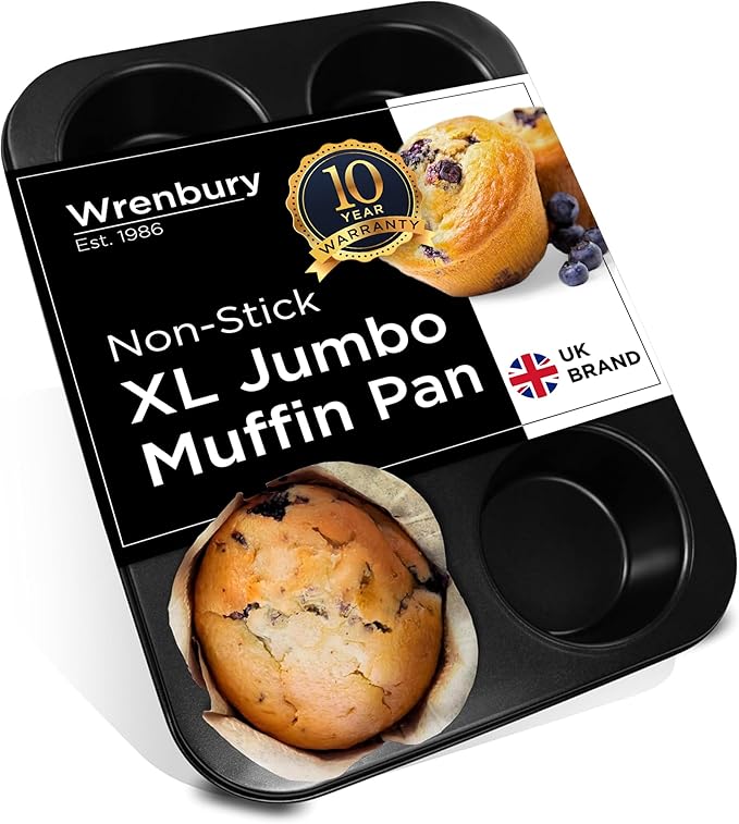 Wrenbury Jumbo Muffin Pan 6 Cup - Nonstick XL Deep Muffin Pan for Baking 3.75" Cup - Big Cup Tin - Oversized Extra Large Cupcake Mold - Dishwasher Safe - PTFE Free