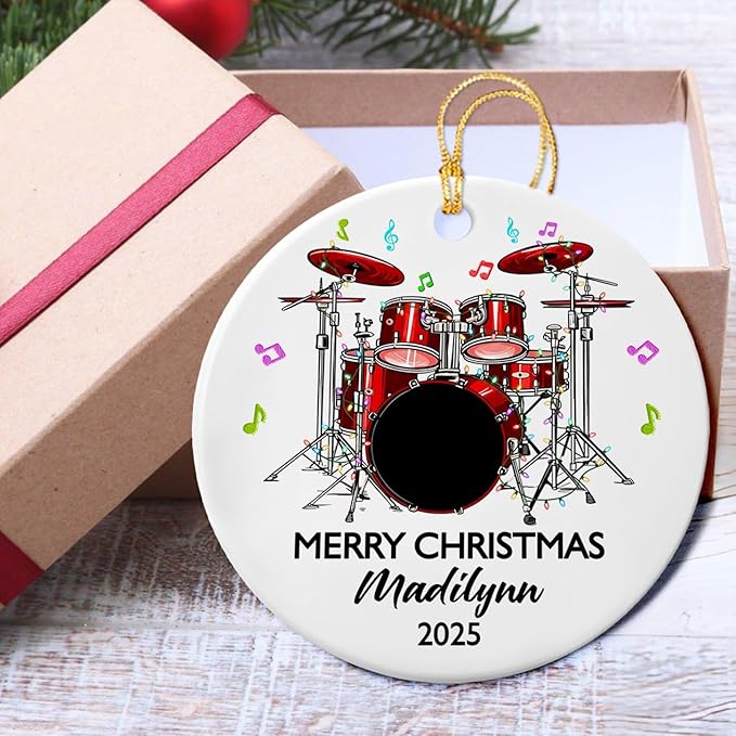 Personalized Drum Set Ceramic Christmas Ornament 2025, Customized Text Year Name Drummer Keepsake Ornaments Gift for Women Men Friend Daughter Son, Drumming Drum Set Ceramic Ornament for Appreciation