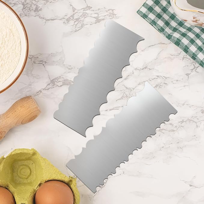 4 Pieces Stainless Steel Cake Scraper 10 Inch and Sided Patterned Edge Stripe Edge Smoother Scraper Cake Decorating Comb Cake Pastry Cutter for Mousse Butter Cream Cake Decoration