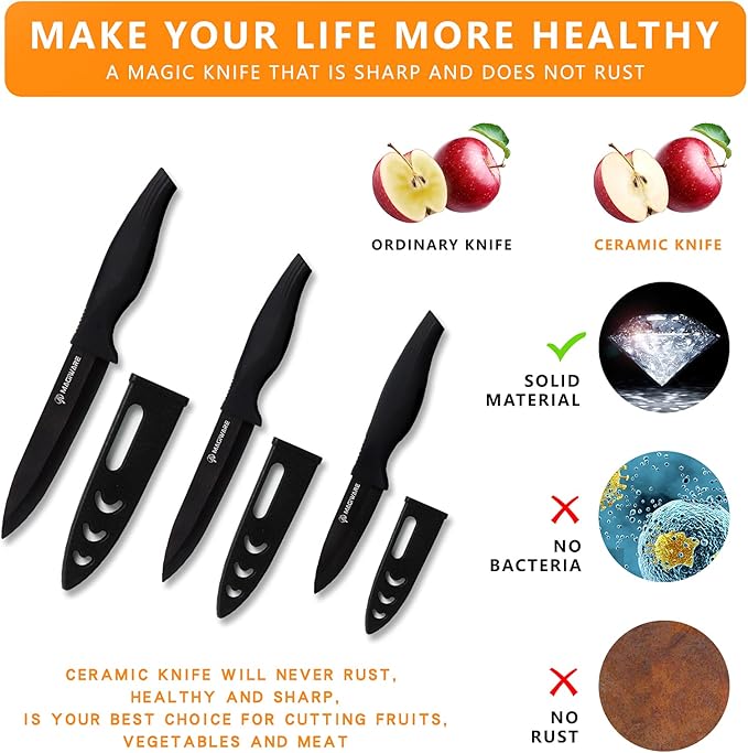 6-Piece Paring Knife Set with Sheaths-Ceramic Blade Sharp Rust Proof Stain Resistant (include 5inch Utility Knife, 4inch Fruit Knife,3inch Paring Knife)-Black (win0529)