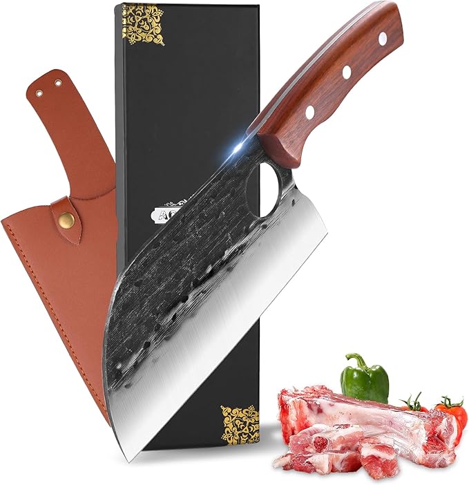 8'' Hand Forged Wood Butcher Knife Santoku for Meat Cutting Bone Chopping Kitchen Outdoor BBQ Camping