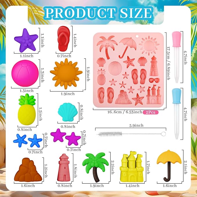2 Pcs Summer Beach Theme Silicone Molds with 2 Droppers and 1 Brush, Silicone Pineapple Castle Sun Starfish Shell Chocolate Candy Mold for Summer Party Marine Baking Mold