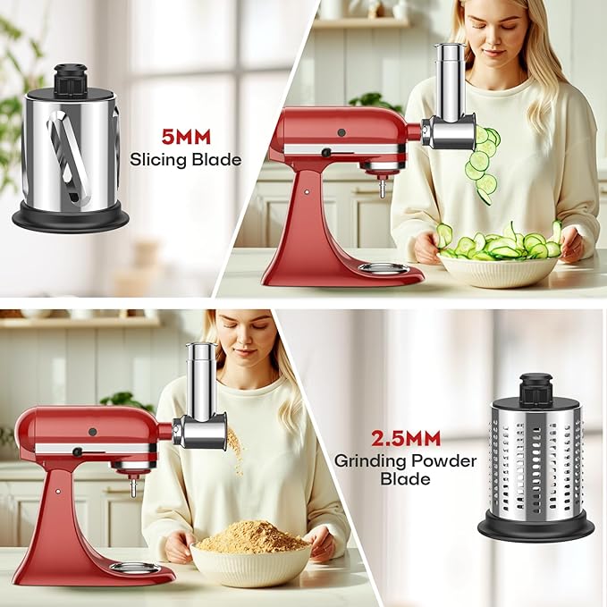 Stainless Steel Slicer Shredder & Cheese Grater Attachment for Kitchenaid Stnad Mixer - 4 Blades Salad Maker with Grinding Powder Function by FGREEBLE