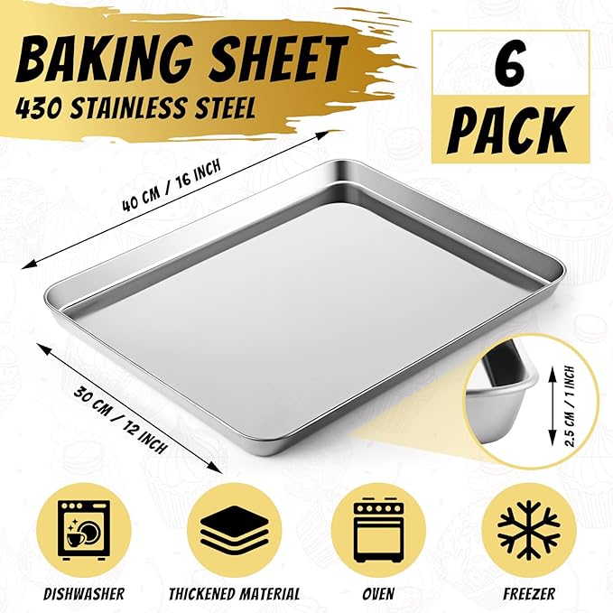 Mimorou 6 Pcs Baking Sheet Set Stainless Steel Cookie Sheet Cookie Baking Pan Bakeware Oven Tray Dishwasher Safe Commercial Grade Pans(16x12x1 Inch)