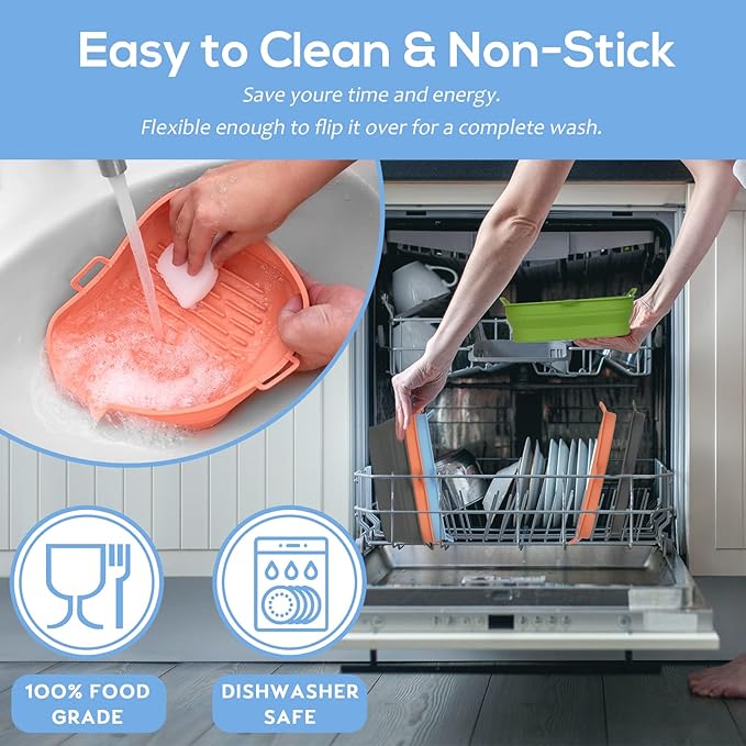 Silicone Air Fryer Liners - Square Reusable Basket - Easy to Clean Air Fryer Baking Tray, 8.5 Inch Large
