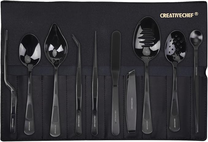 CREATIVECHEF 10 PCS Plating Tools Culinary Set Contains Kitchen Tweezers Spatula Sauce Plating Spoon（Black）