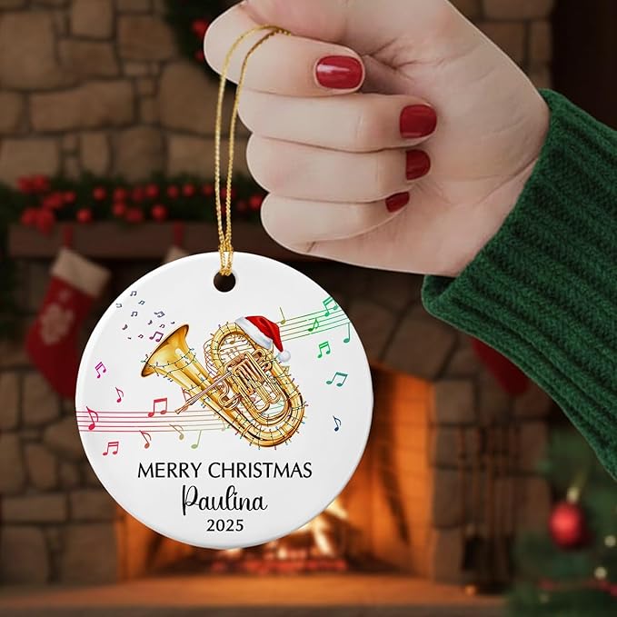 Tuba Musical Instrument Ceramic Ornament, Customized Year Text Name Tubist Tubaist Christmas Ornaments Gift for Women Men Husband Wife Dad Mom Tuba Player, Personalized Tubas Xmas Instrument Ornament