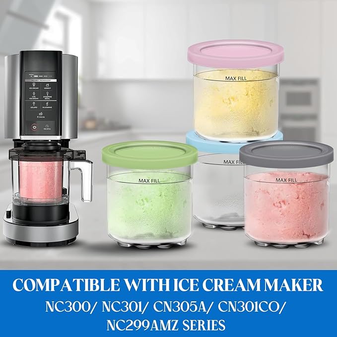 Creami Pints and Lids for Ninja - 4 pack Creamy Icecream Containers Cups Jars Tubs Canisters Set, Smoothie Pot Compatible with NC299AMZ & NC300s Series Creamer Ice Cream Maker Machine Accessories