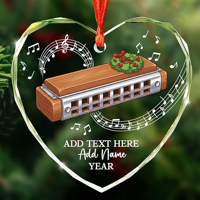 Personalized Harmonica Musical Instrument Glass Ornaments, Harmonica Christmas Tree Ornament 2025, Custom Music Lover Christmas Ornament with Text Name & Year, Keepsake Gift for Music Teacher