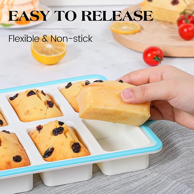 Vinino Silicone Mini Loaf Pans with Metal Reinforced Frame-2 Pack, Non-stick Silicone Bread Pan for Baking 8-Cavity, Tiny Banana Bread Set, Dishwasher Safe Brownie Pan-Blue