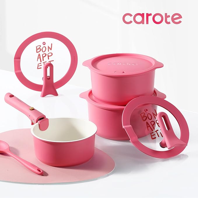 CAROTE Ceramic Sauce Pan Sets with Stand-Up Lid 2QT, 3QT & 4QT, 11 Piece NonStick Kitchen Cookware Sets with Detachable Handle, Non Toxic Cooking Pot, Oven Safe, Induction Ready, Pink
