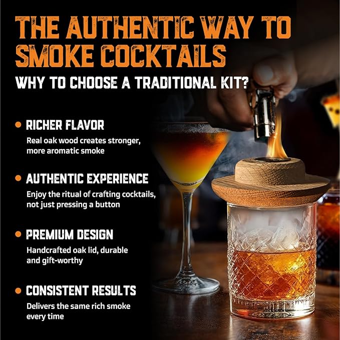 Whiskey Smoker Kit with Torch and Old Fashioned Syrup - 8 Flavors Wood Chips - Bourbon Gifts for Men, Cocktail Smoker kit - USA Oak Smoke Lid (No Butane)