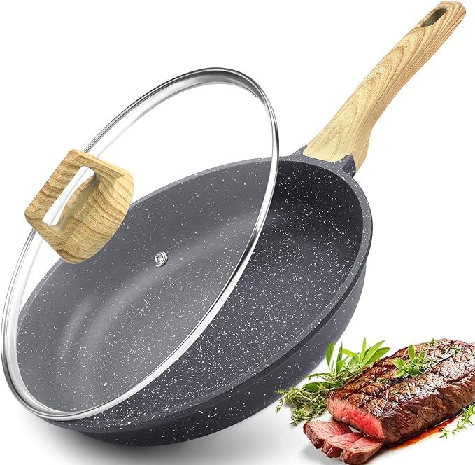 GiPP Nonstick Frying Pan Skillet with Lid - 11" Grey Granite Non Stick Pans, Omelette Pan with Heat-Resistant Handle, Compatible with All Stovetops, PFOA Free