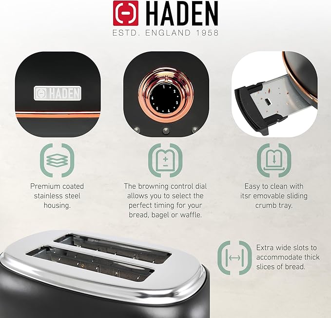 Haden Heritage 2 Slice Wide Slot Stainless Steel Toaster Bundled with 12 Cup Programmable Drip Coffee Maker Coffee Machine, Black & Copper